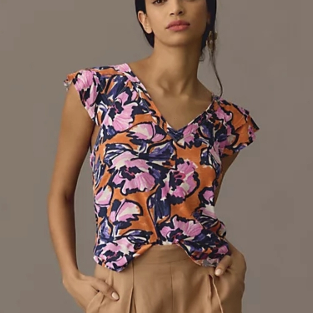Anthropologie Orange Floral Short Sleeve V-Neck Tee